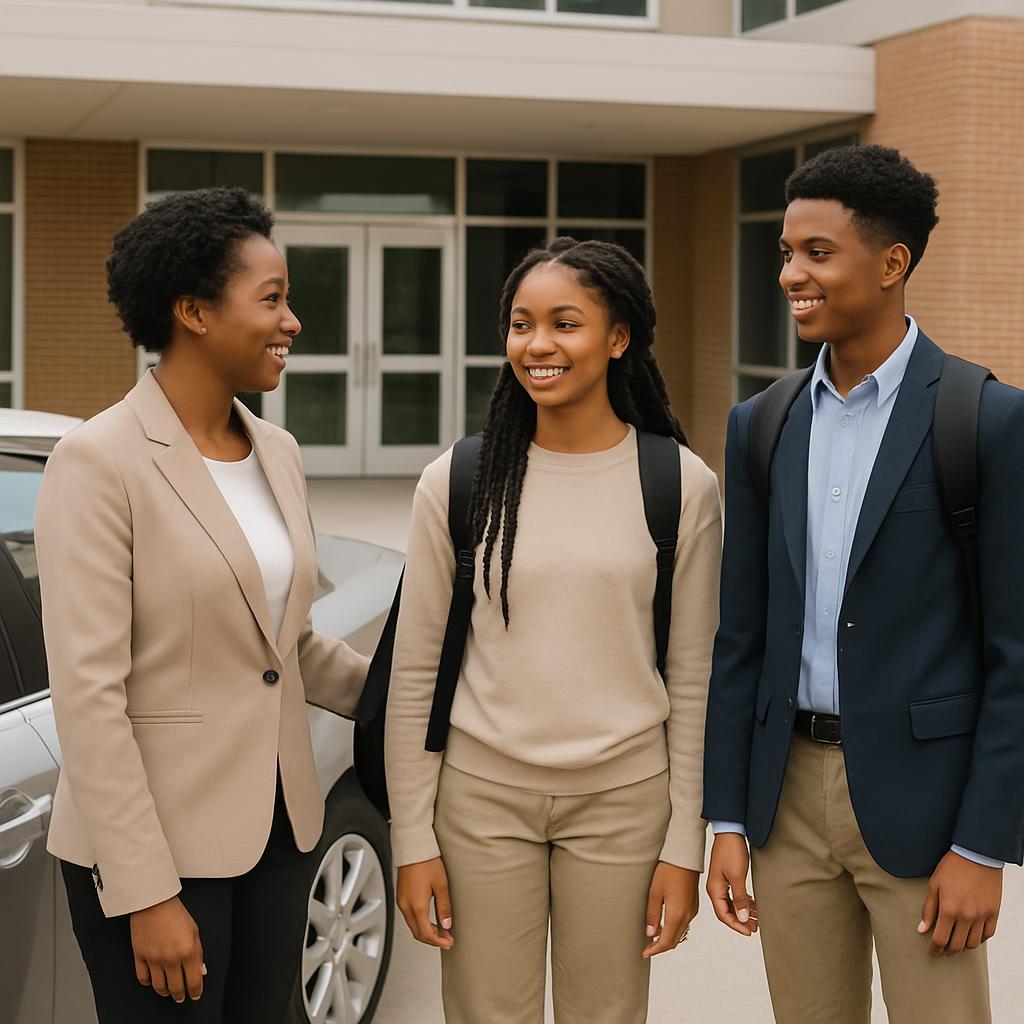 a parent taking their Black high school kids to school