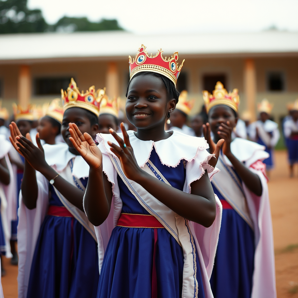 Black girls in kings' costumes cheering at school games, suitable for a secondary school in Uganda