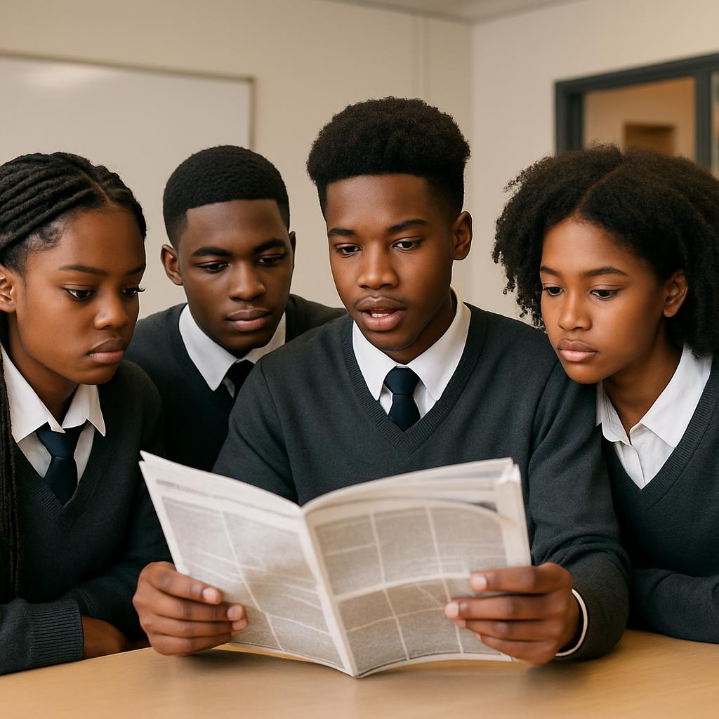 black high school students reading news