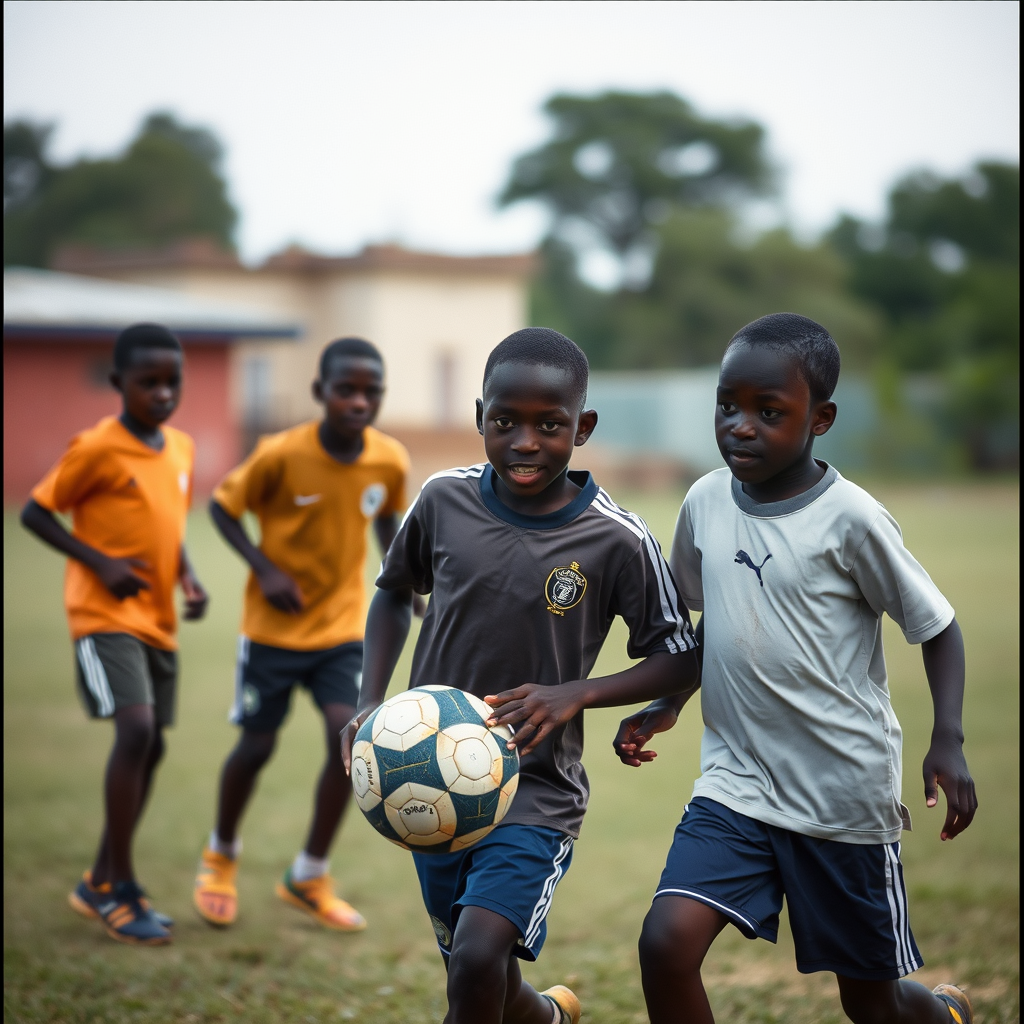 Black kids playing football, suitable for a secondary school in Uganda