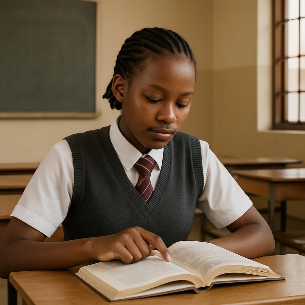 Black secondary school girl reading at a desk, suitable for a Ugandan secondary school