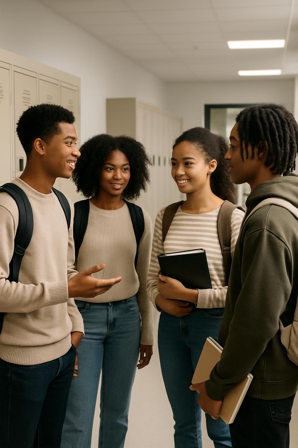 mixed Black high school kids talking together