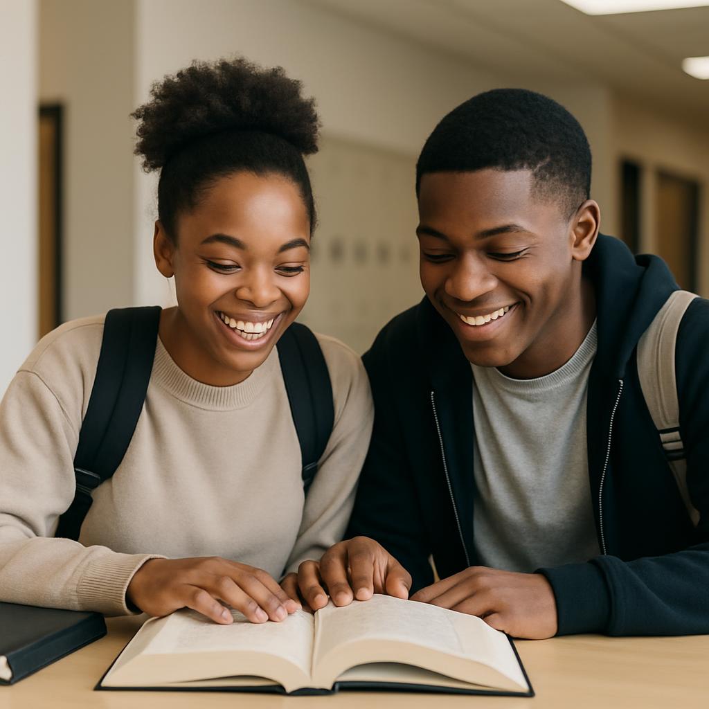 two happy Black high school students reading together